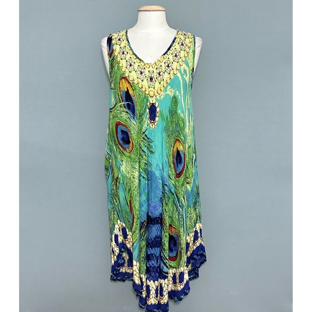 Gypsie Blu Womens Dress OS Peacock Feather Print Sharkbite Hem Boho Hippie Beach